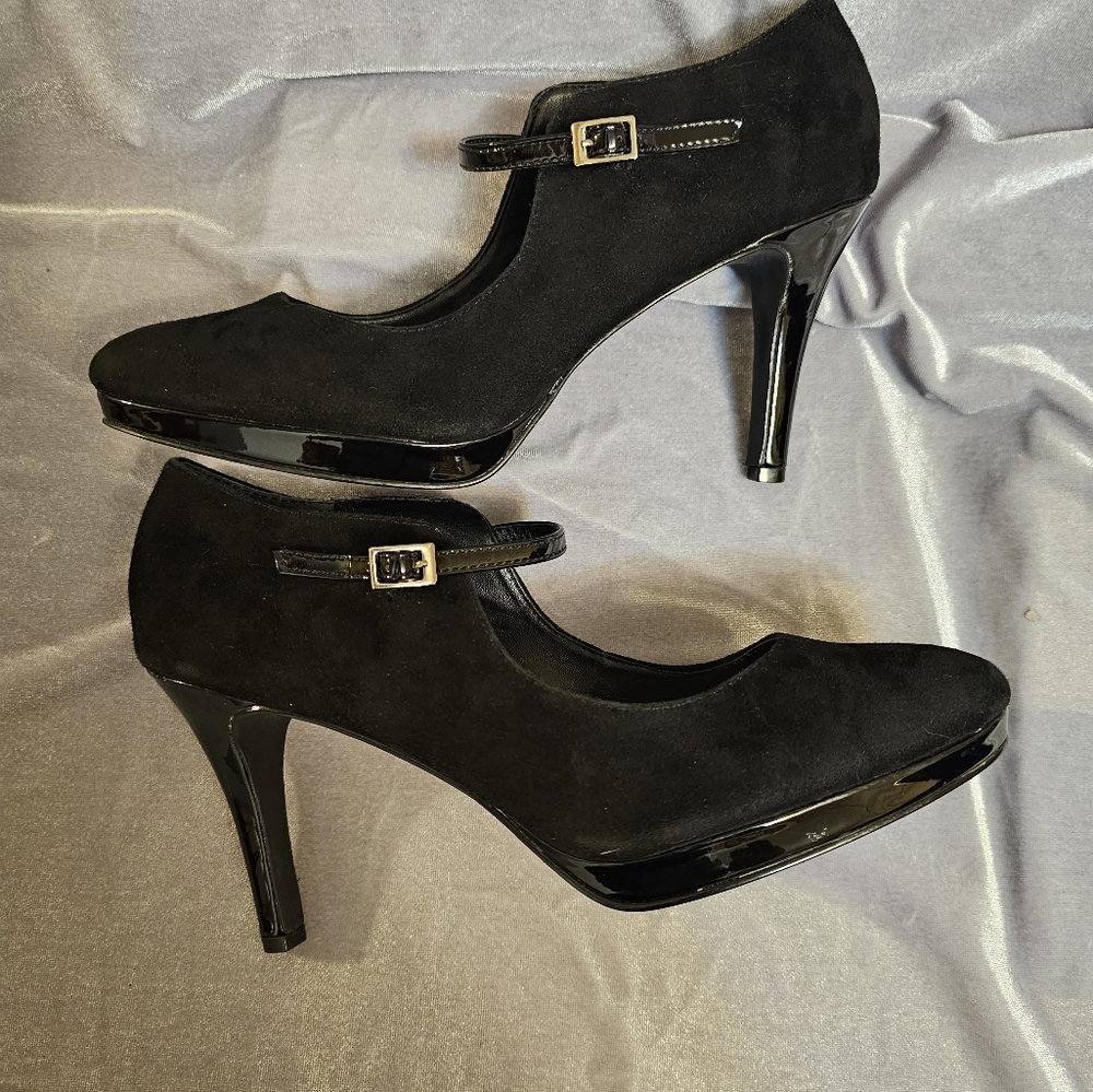 Alfani Vintage Suede Maryjane Platform Heels Shoes Pumps Patent Dress Sz 9M - Picture 3 of 10